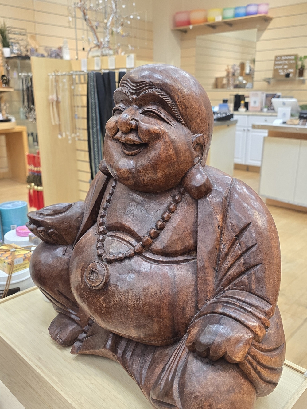 Hand-Carved Laughing Buddha Statue - Brown Wood Finish